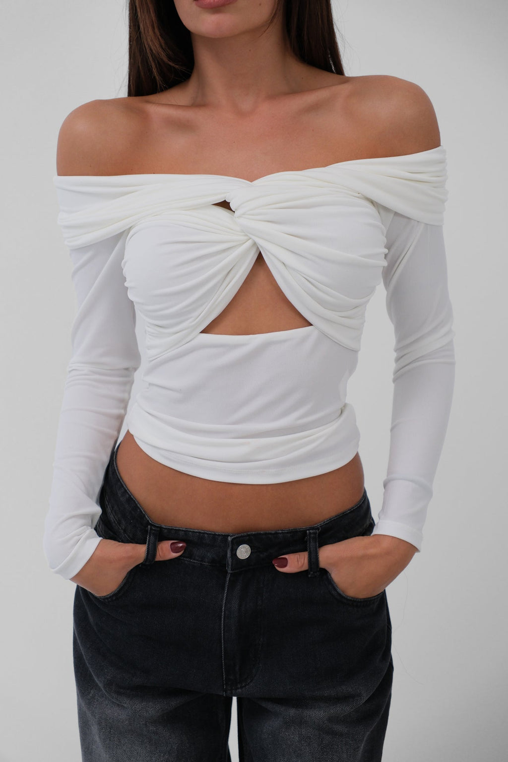 Bust Ruched Strapless White Blouse