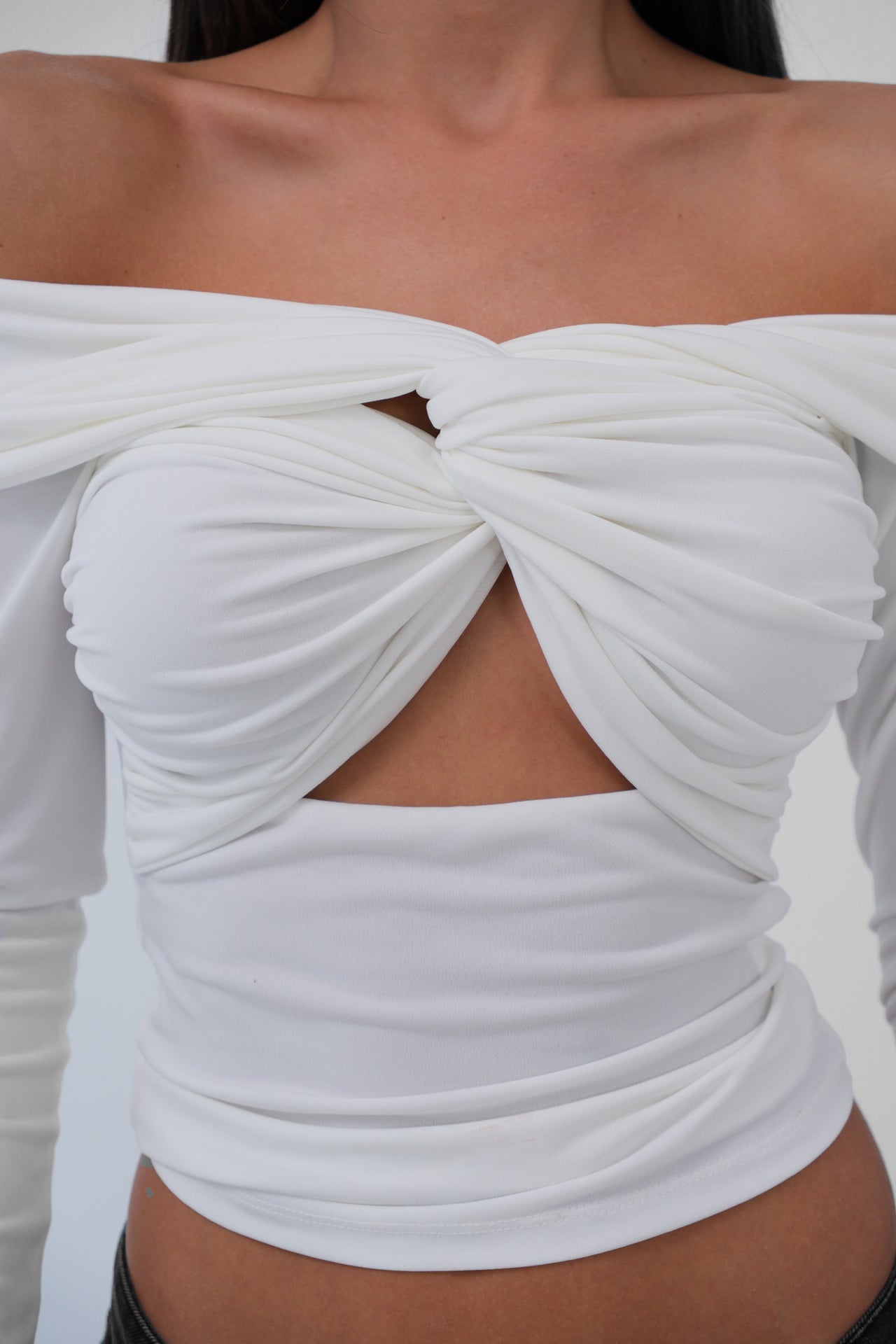 Bust Ruched Strapless White Blouse
