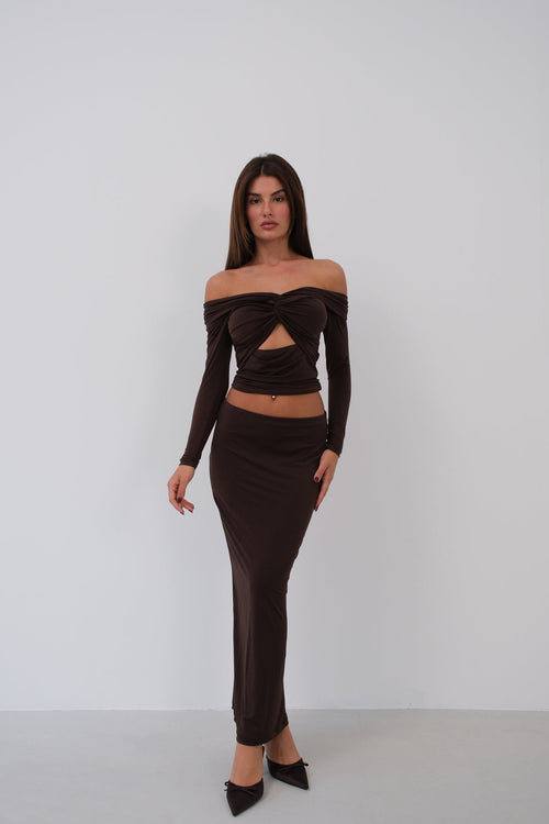 Bust Ruched Strapless Brown Blouse