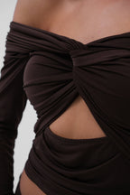 Bust Ruched Strapless Brown Blouse