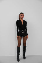 Bust Cut-Out Simli Black Bodysuit