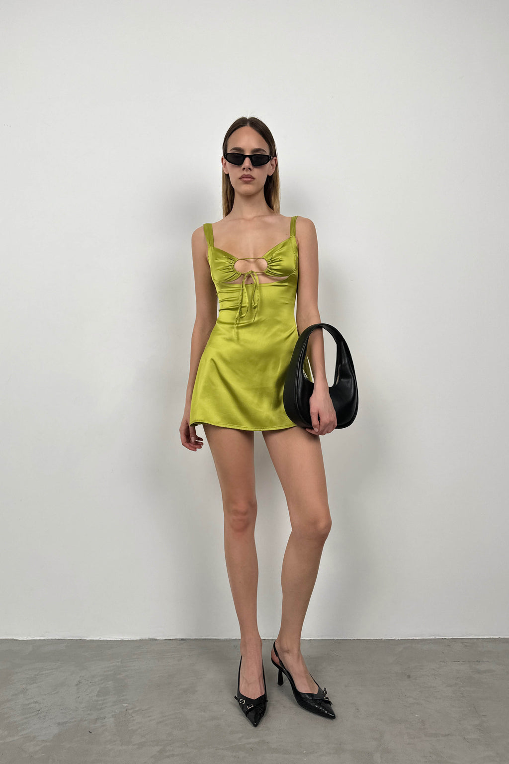 Bust Cut-Out Thick Strap Lime Mini Dress