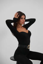 Bust Detail Long Sleeved Gloplu Black Tulum