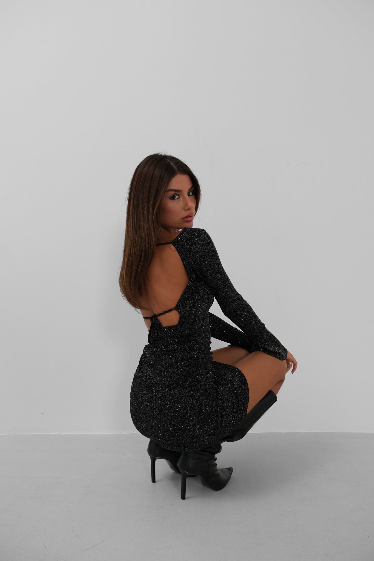 Chest and Back Cutout Glitter Black Dress