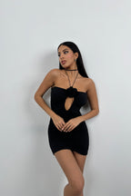 Rose Detail Ruched Black Dress