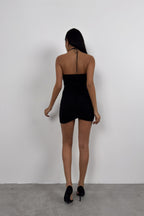 Rose Detail Ruched Black Dress