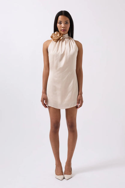 Rose Detail Mini Satin Beige Dress
