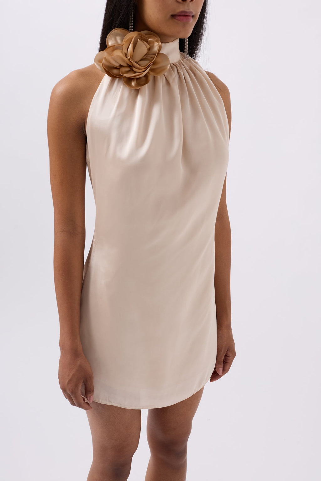 Rose Detail Mini Satin Beige Dress