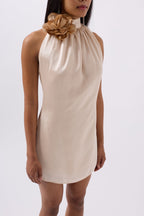 Rose Detail Mini Satin Beige Dress