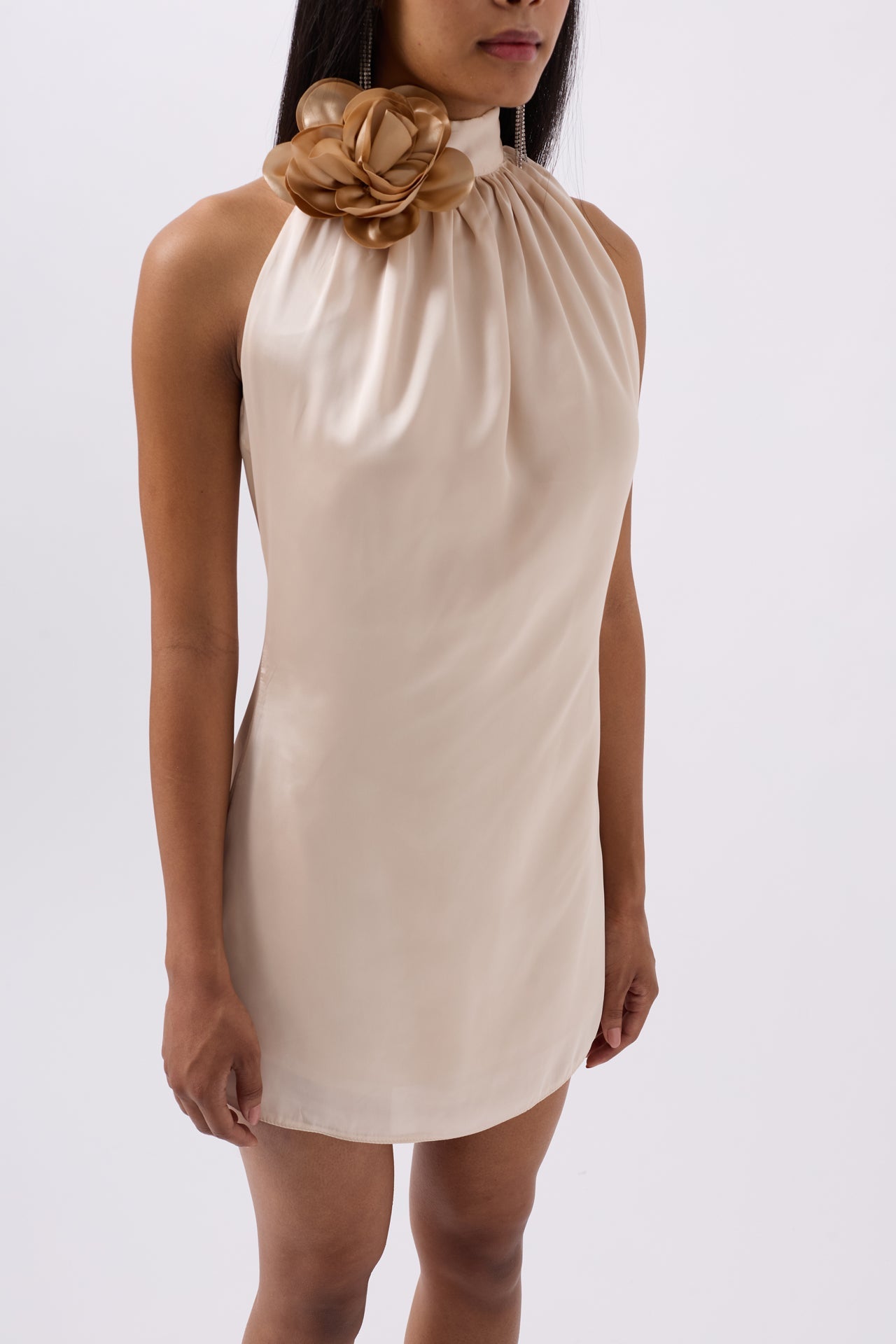 Rose Detail Mini Satin Beige Dress