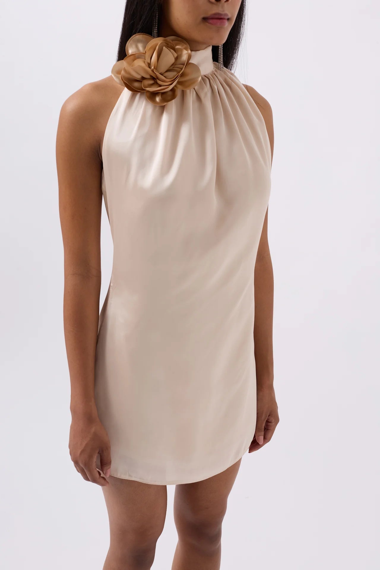Rose Detail Mini Satin Beige Dress