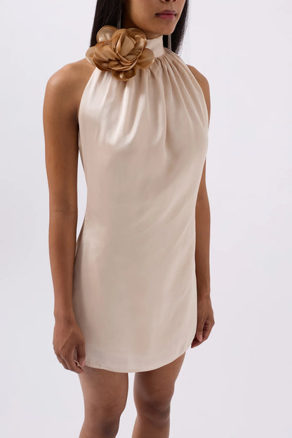 Rose Detail Mini Satin Beige Dress