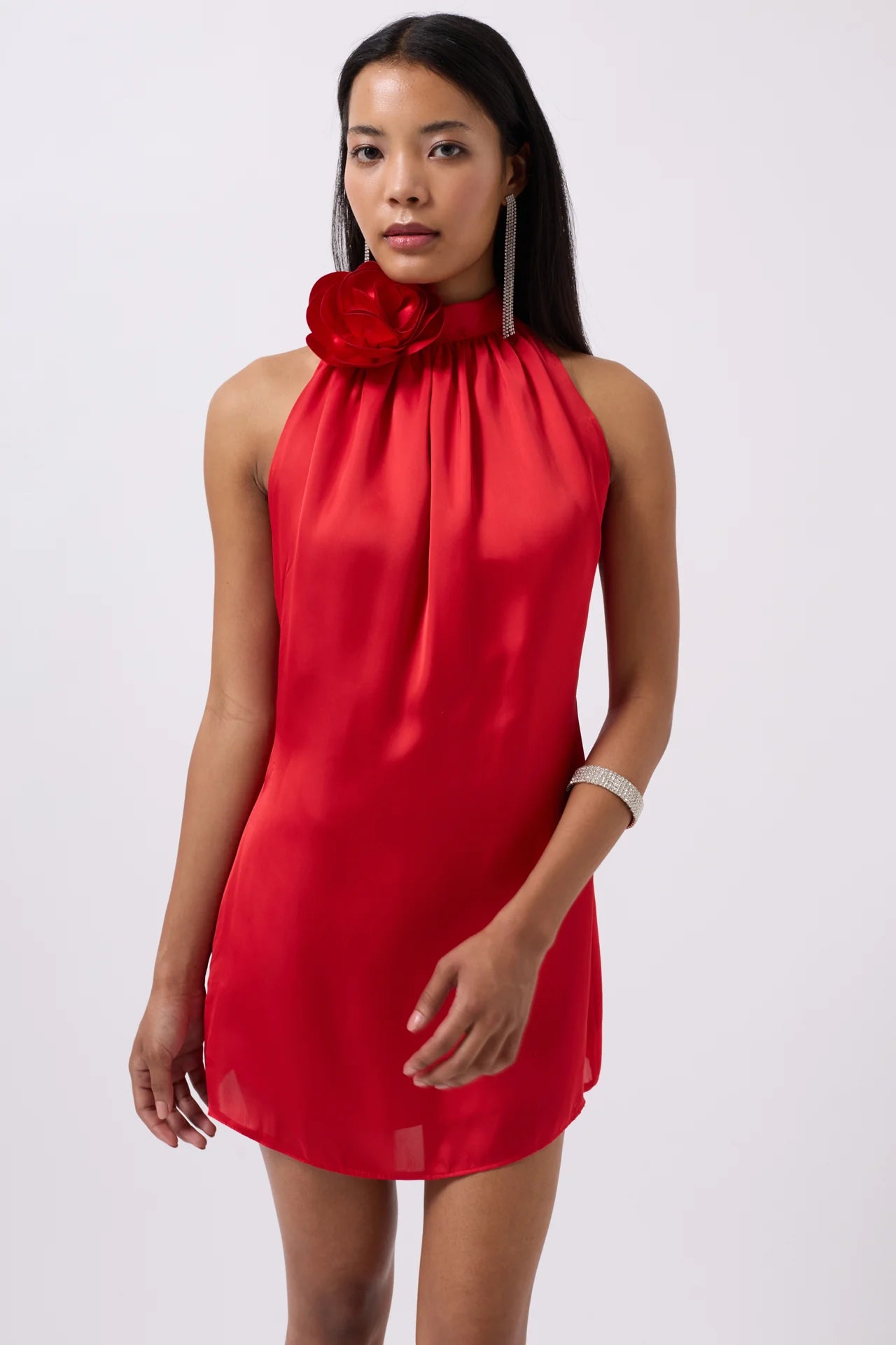Rose Detail Mini Satin Red Dress
