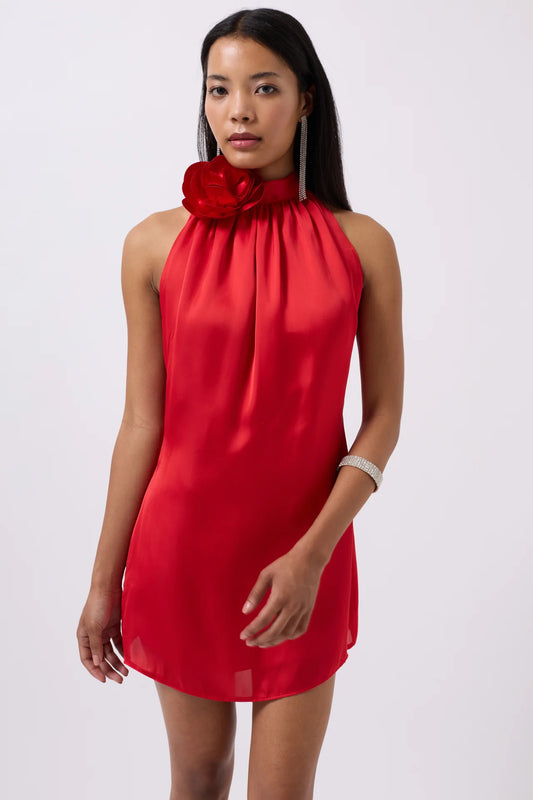 Rose Detail Mini Satin Red Dress