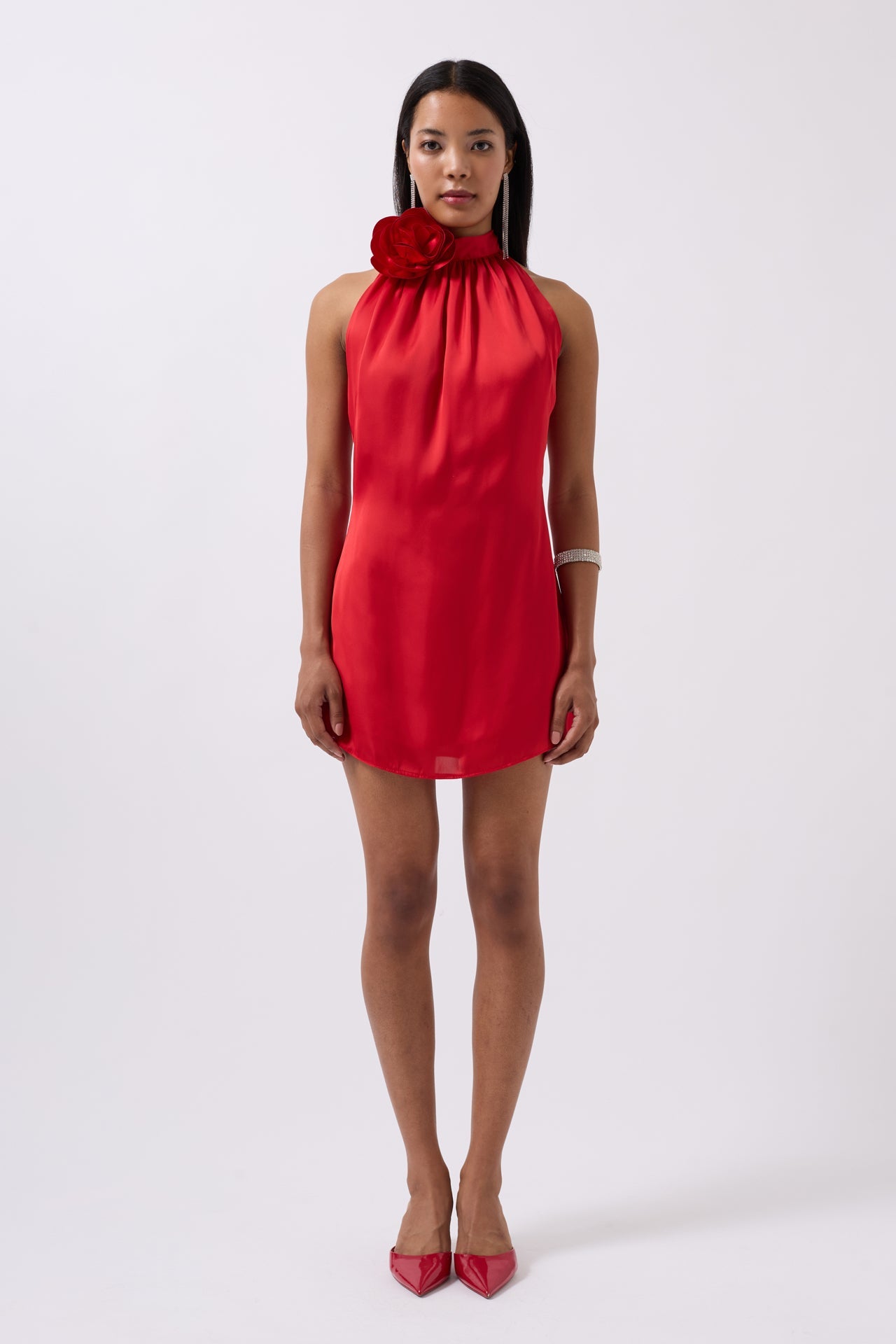 Rose Detail Mini Satin Red Dress