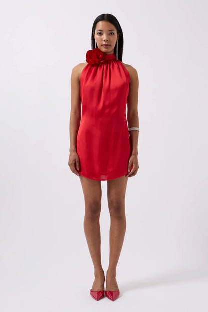 Rose Detail Mini Satin Red Dress