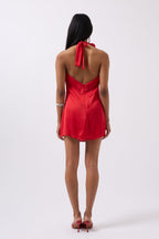 Rose Detail Mini Satin Red Dress