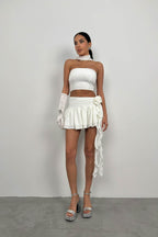 Rose Detail Flounced Ecru Skirt