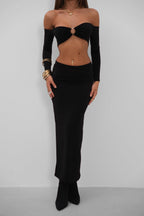 Ring Detail Blouse Maxi Skirt Black Set