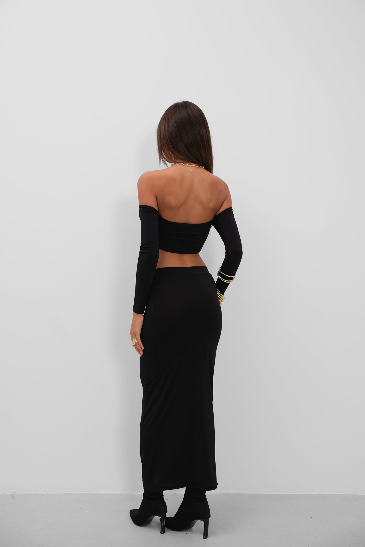 Ring Detail Blouse Maxi Skirt Black Set