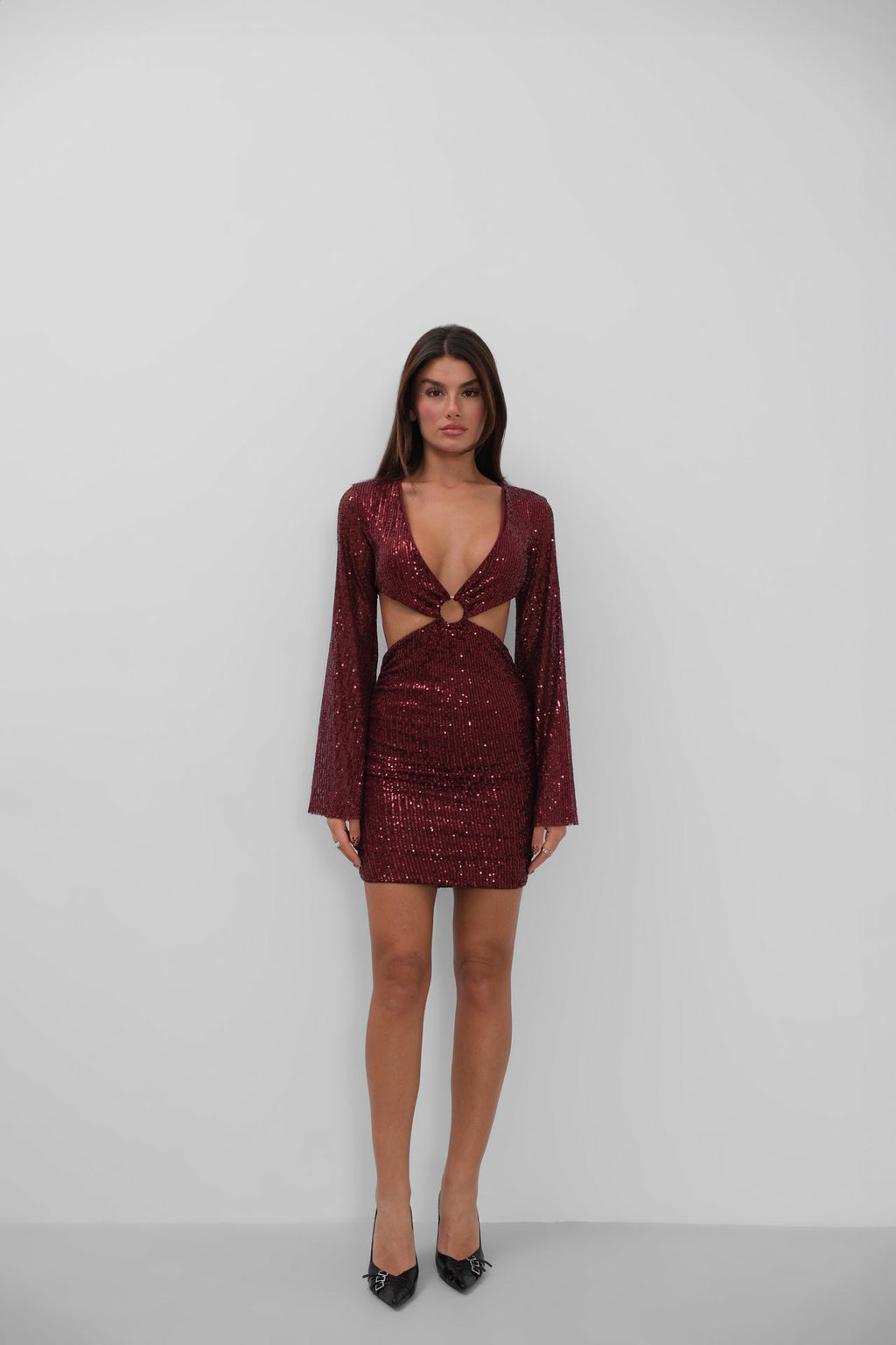 Ring Detail Batwing Sleeve Sequined Mini Burgundy Dress