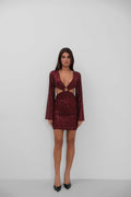 Ring Detail Batwing Sleeve Sequined Mini Burgundy Dress
