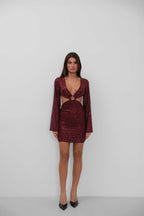 Ring Detail Batwing Sleeve Sequined Mini Burgundy Dress