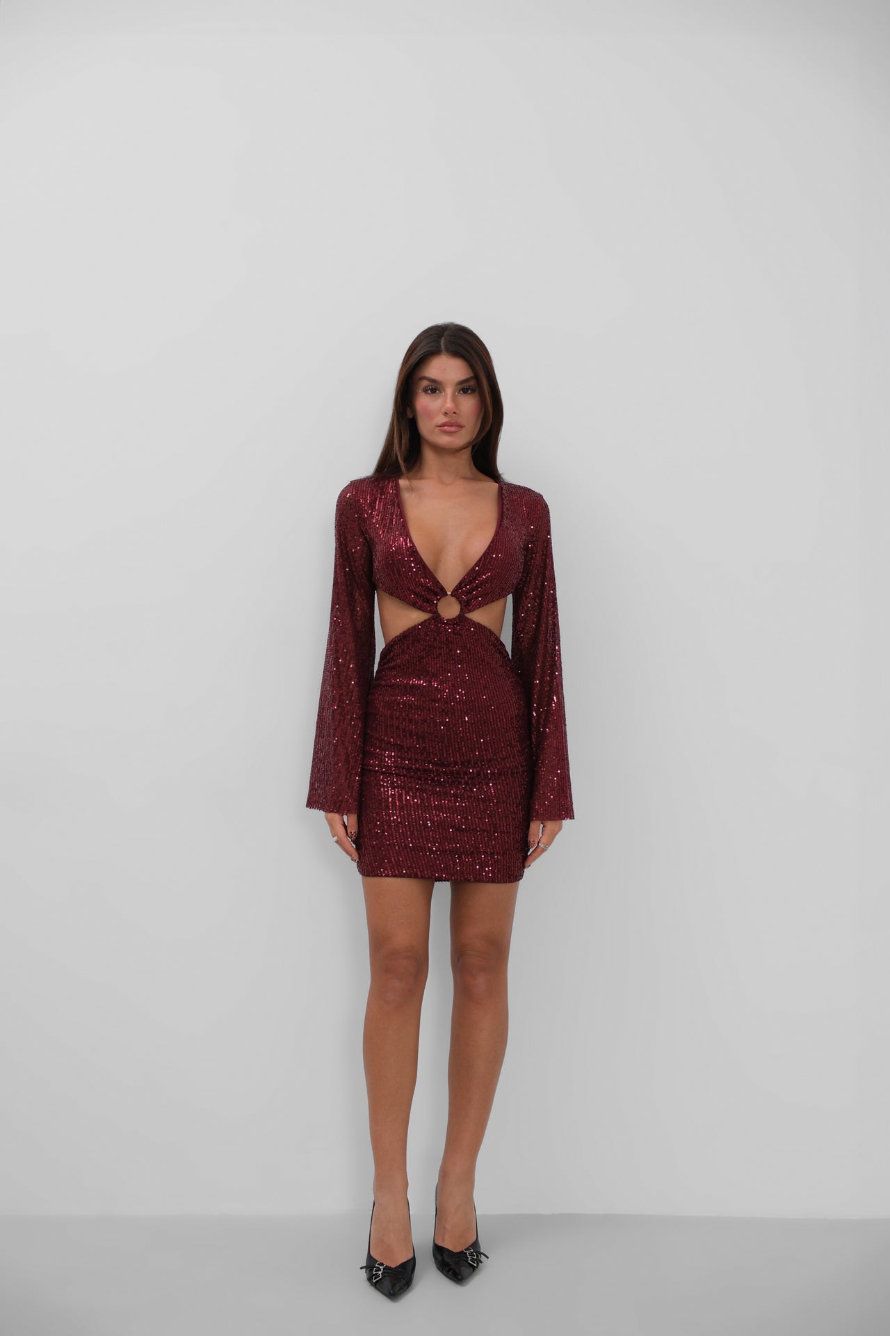 Ring Detail Batwing Sleeve Sequined Mini Burgundy Dress