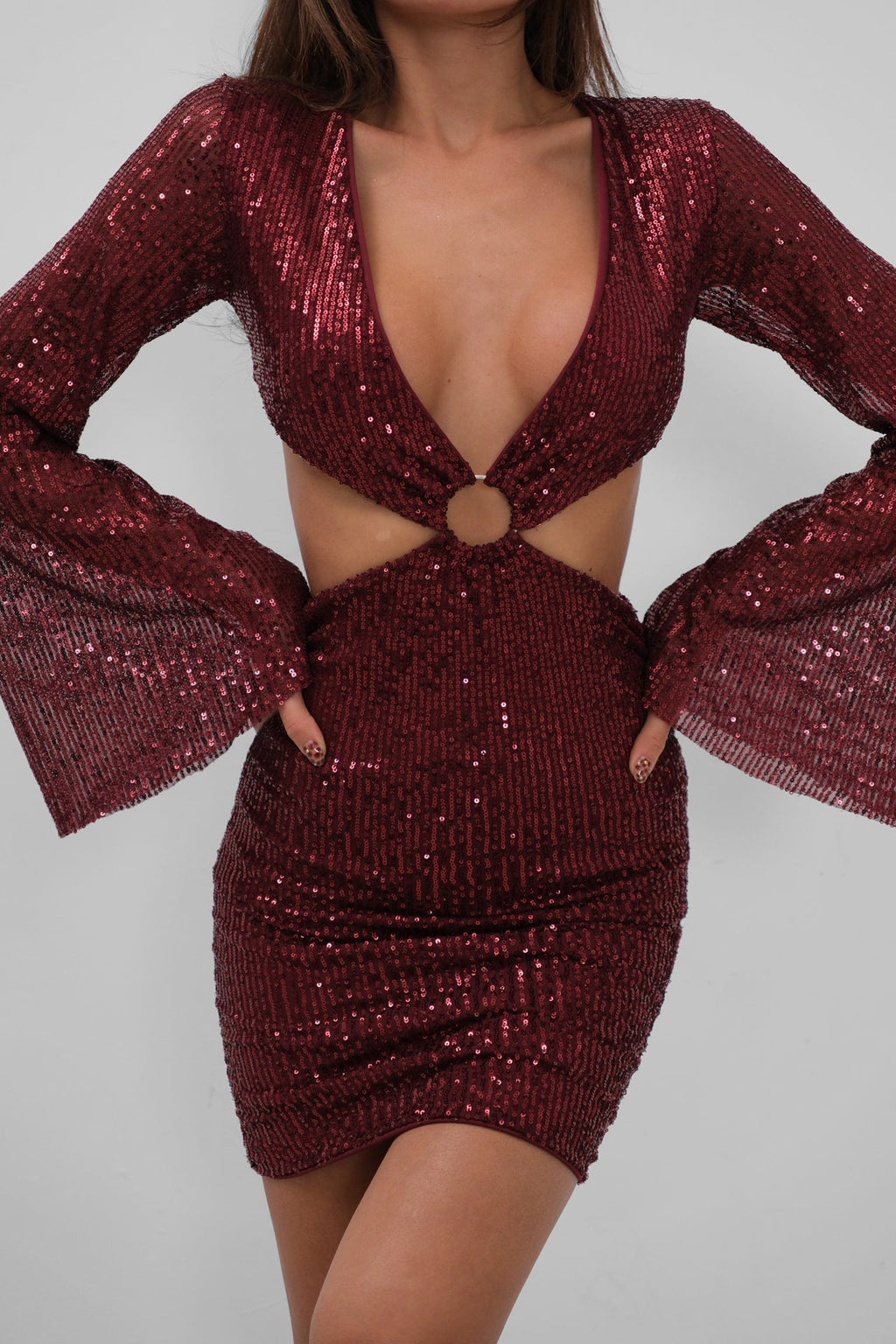 Ring Detail Batwing Sleeve Sequined Mini Burgundy Dress