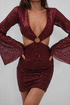 Ring Detail Batwing Sleeve Sequined Mini Burgundy Dress