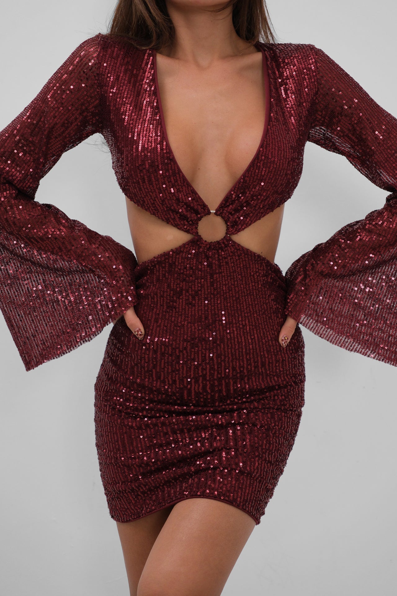 Ring Detail Batwing Sleeve Sequined Mini Burgundy Dress