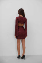 Ring Detail Batwing Sleeve Sequined Mini Burgundy Dress