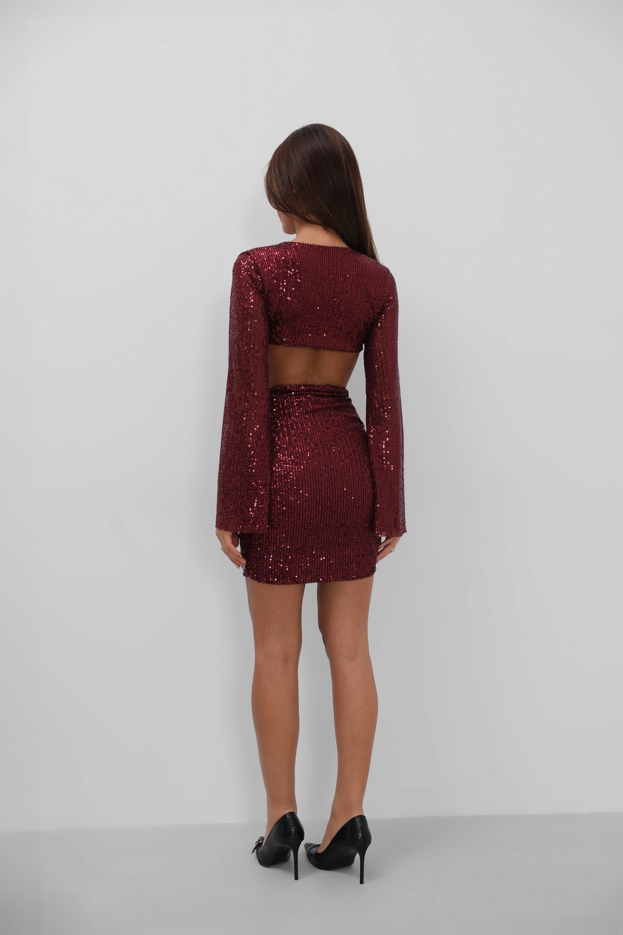 Ring Detail Batwing Sleeve Sequined Mini Burgundy Dress