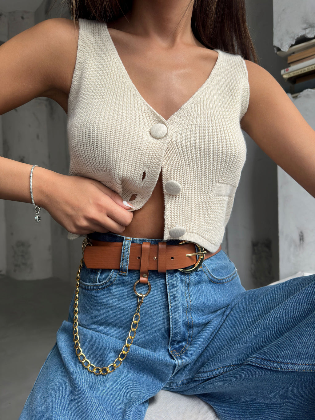 Ring Detail Chain Brown Leather Belt
