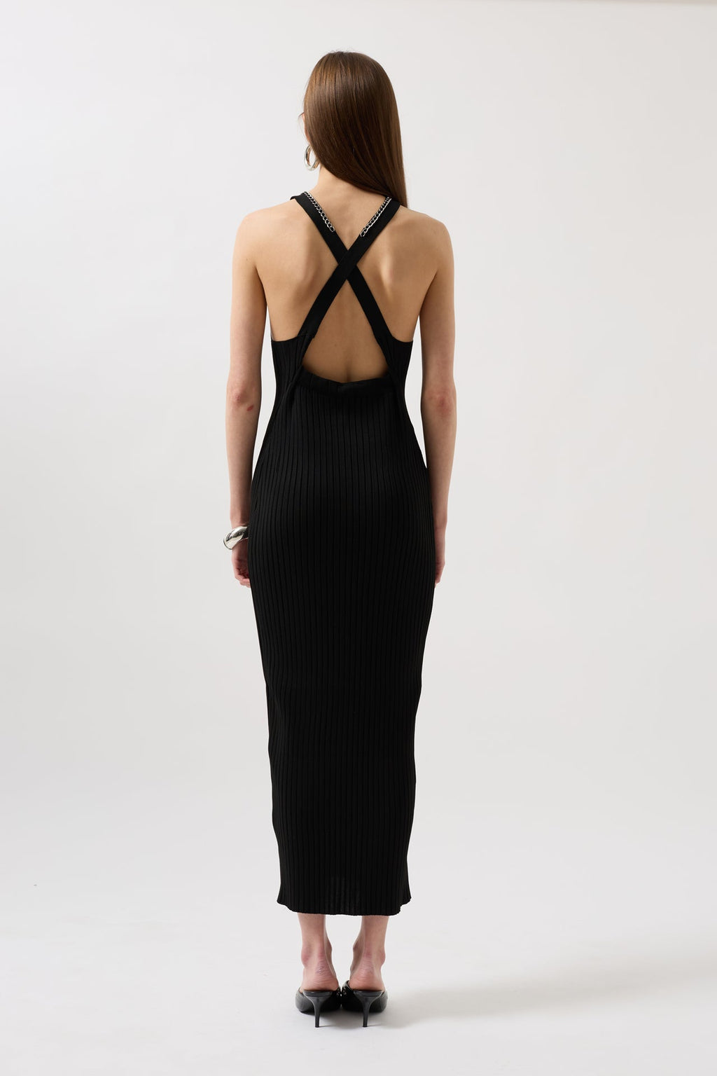 Halter Neck Cross Strap Black Dress