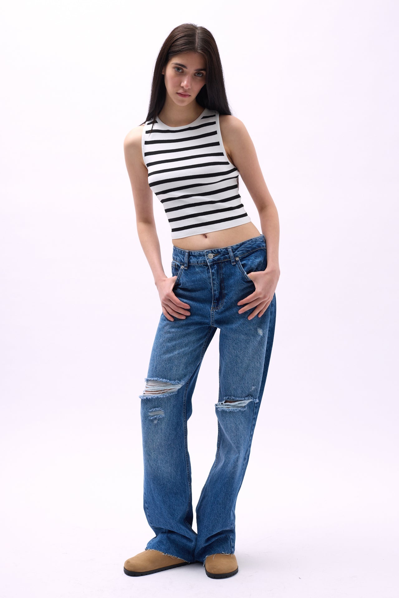 Halter Neck Striped White-Black Crop