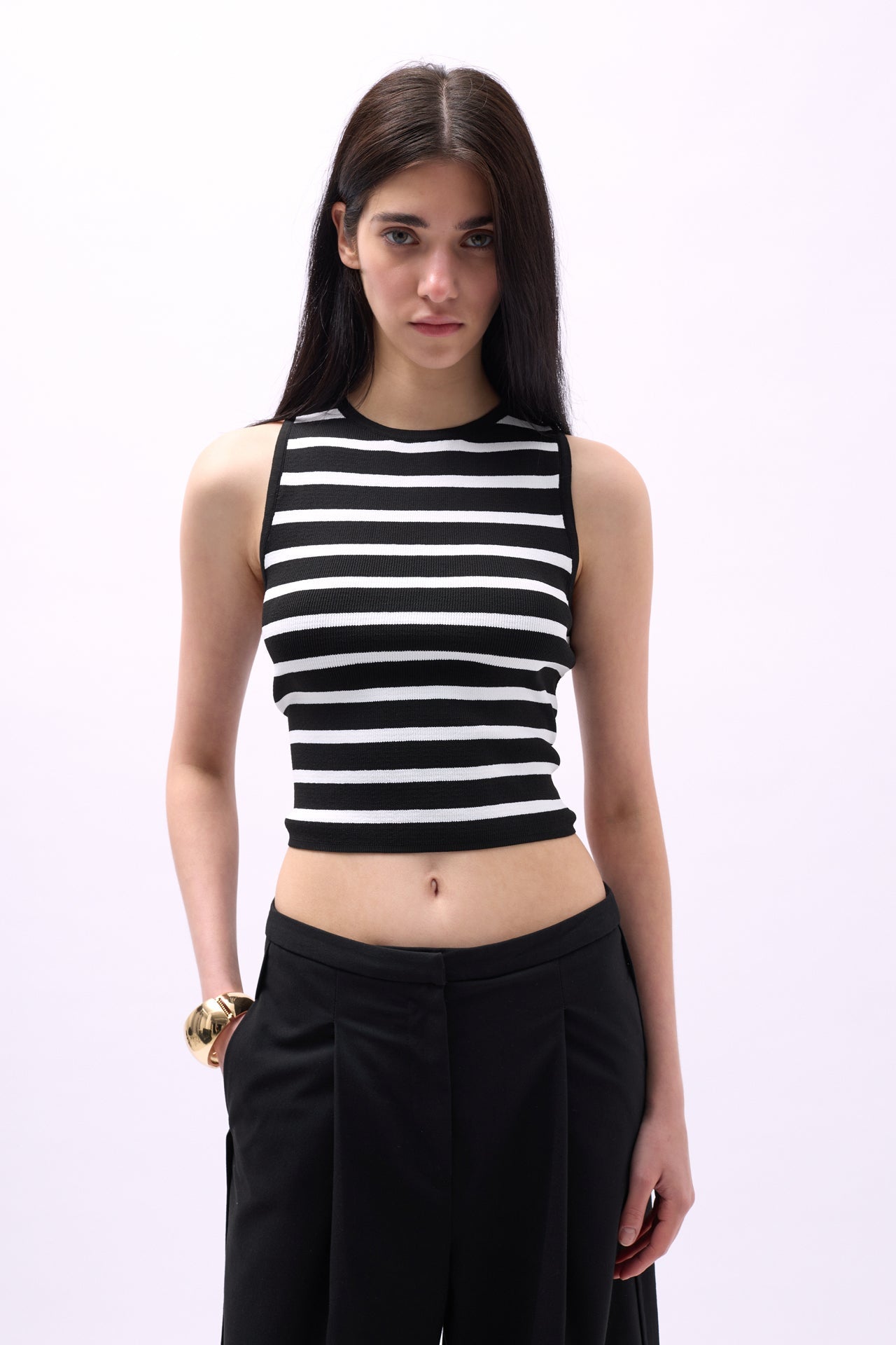 Halter Neck Striped Black-White Crop