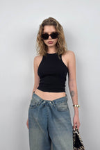 Halter Neck Sleeveless Black Blouse