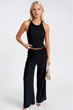 Halter Neck Sleeveless Blouse High Waist Textured Pants Two-piece Black Set
