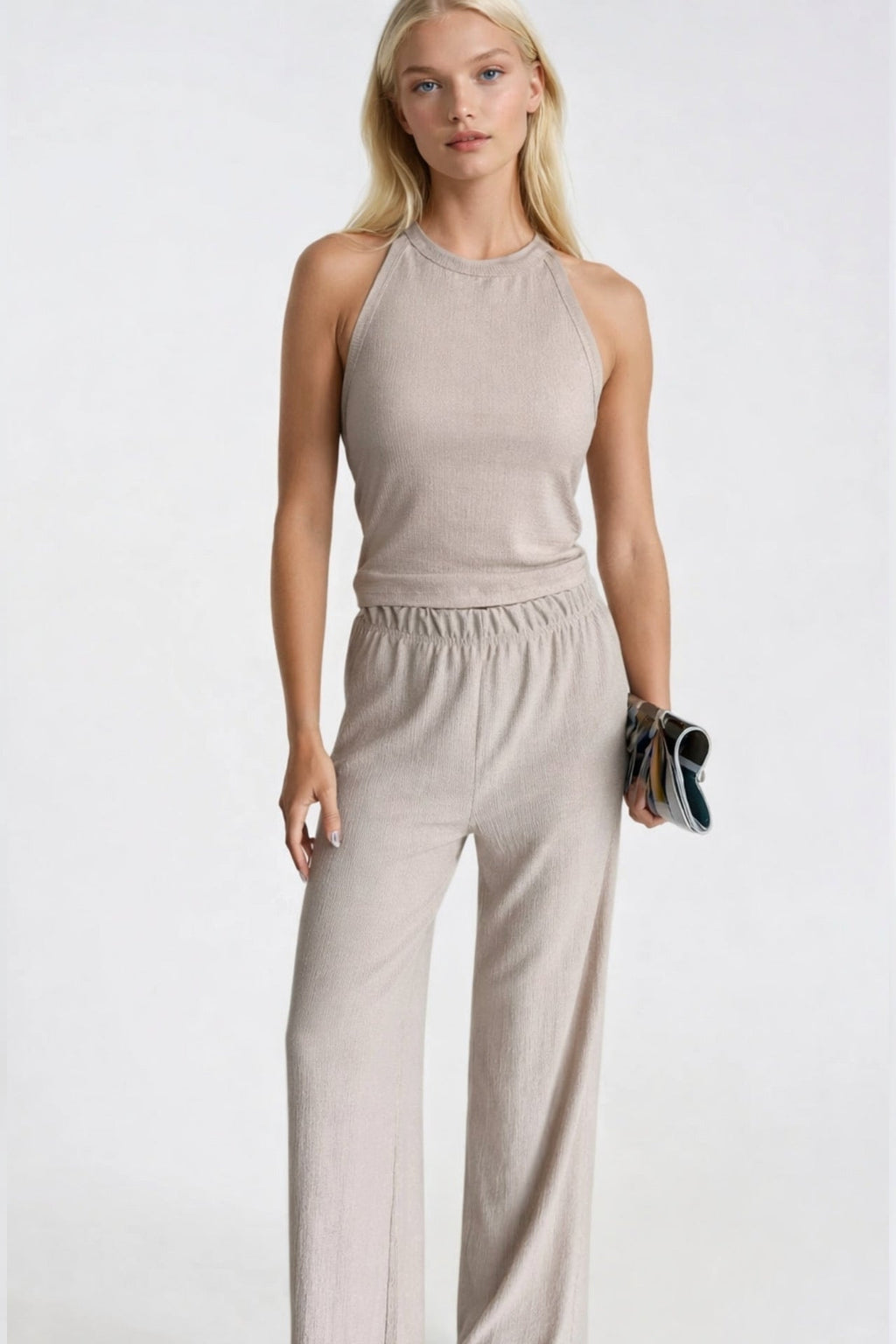 Halter Neck Sleeveless Blouse High Waist Textured Pants Two-piece Beige Set