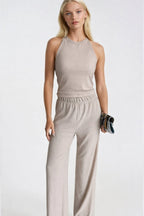 Halter Neck Sleeveless Blouse High Waist Textured Pants Two-piece Beige Set
