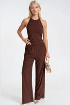 Halter Neck Sleeveless Blouse High Waist Textured Pants Two-piece Brown Set