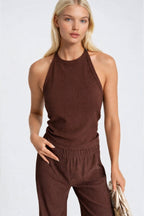 Halter Neck Sleeveless Blouse High Waist Textured Pants Two-piece Brown Set