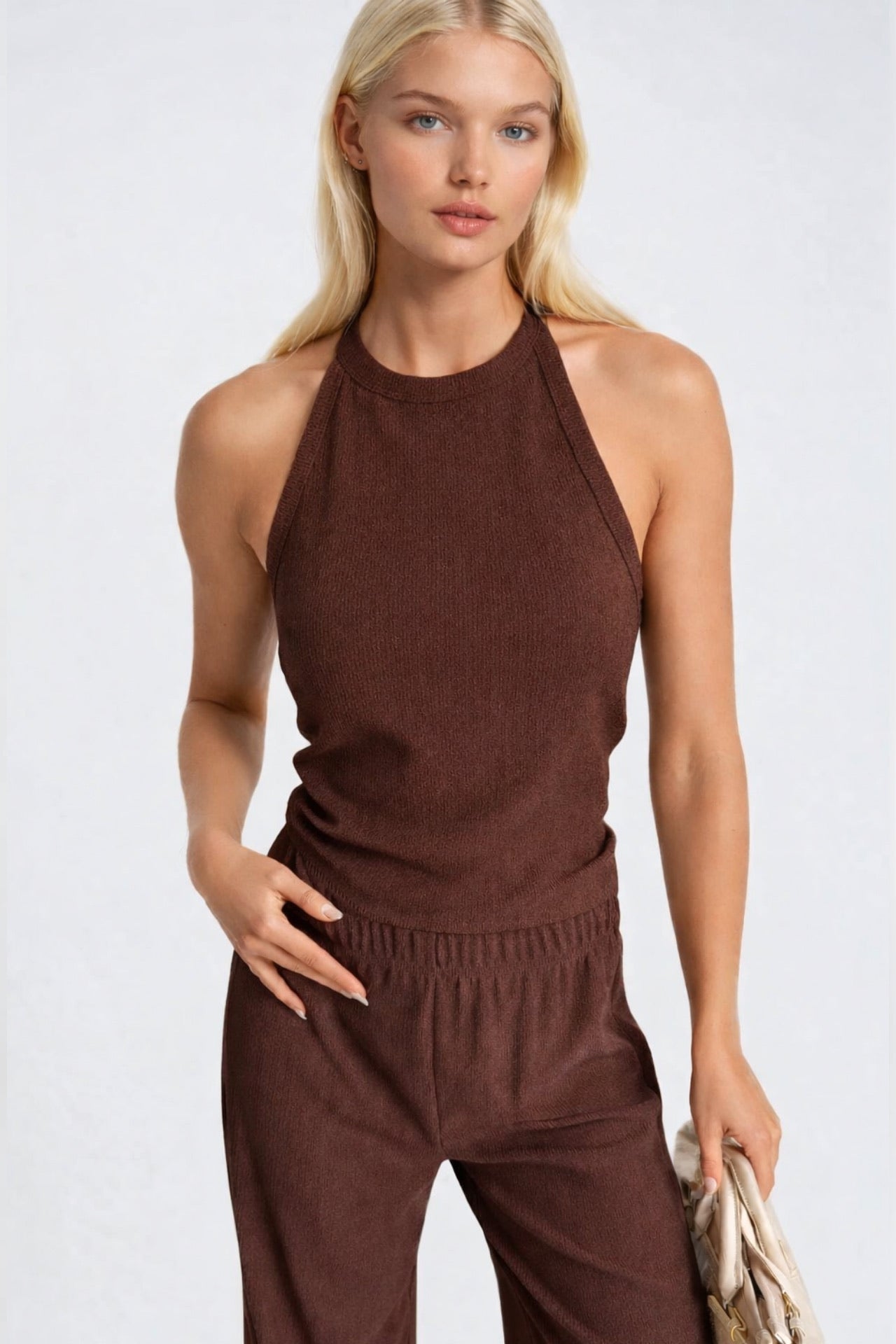 Halter Neck Sleeveless Blouse High Waist Textured Pants Two-piece Brown Set