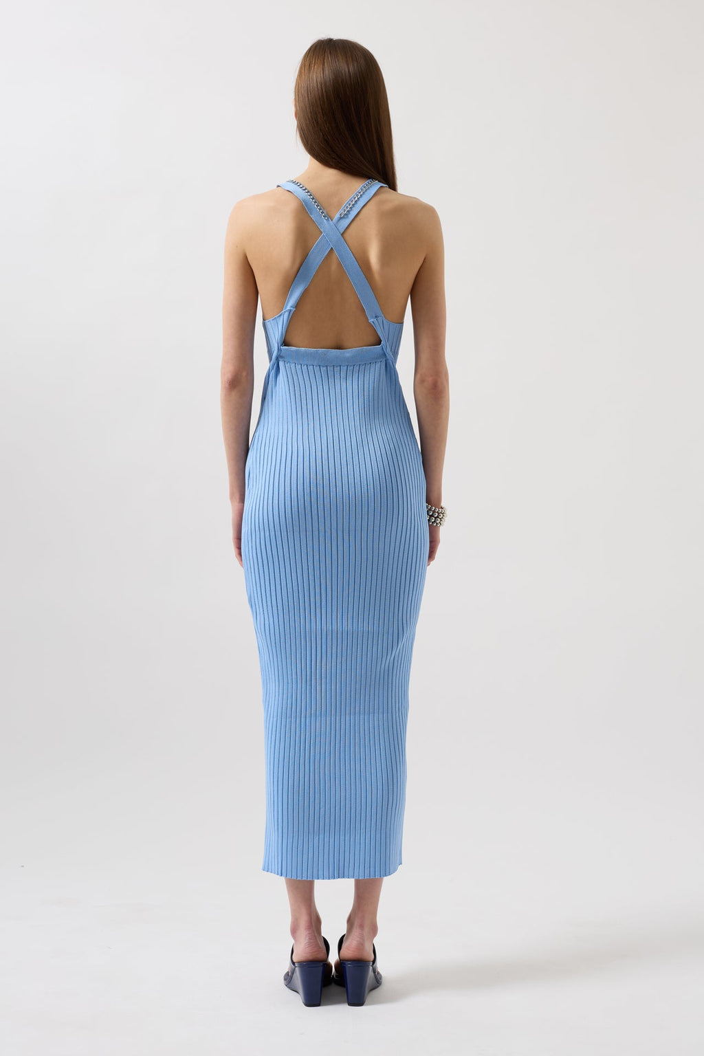 Halter Neck Chain Accessory Cross Strap Baby Blue Dress