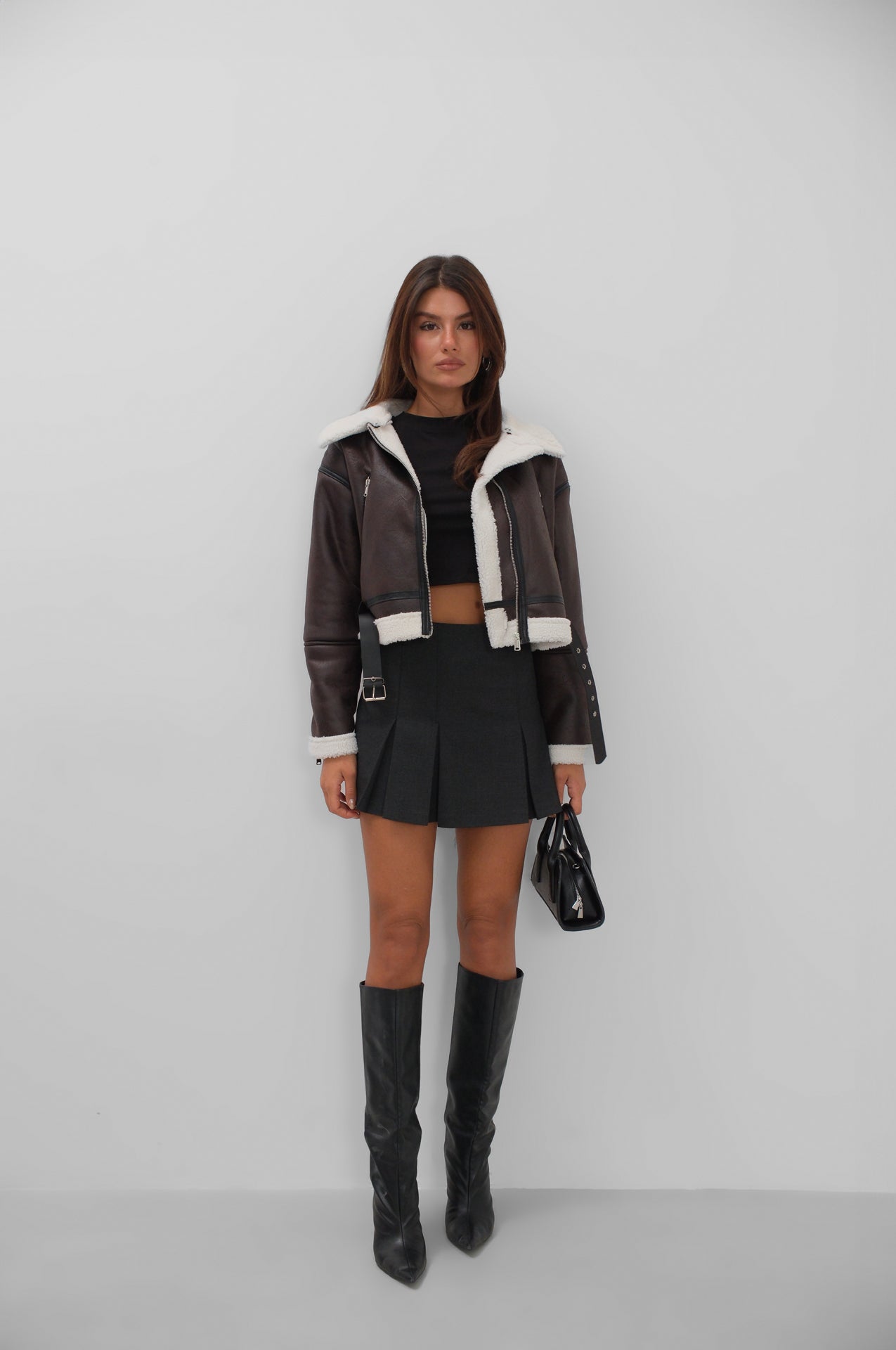 Fully Fur-Lined Leather Brown Coat