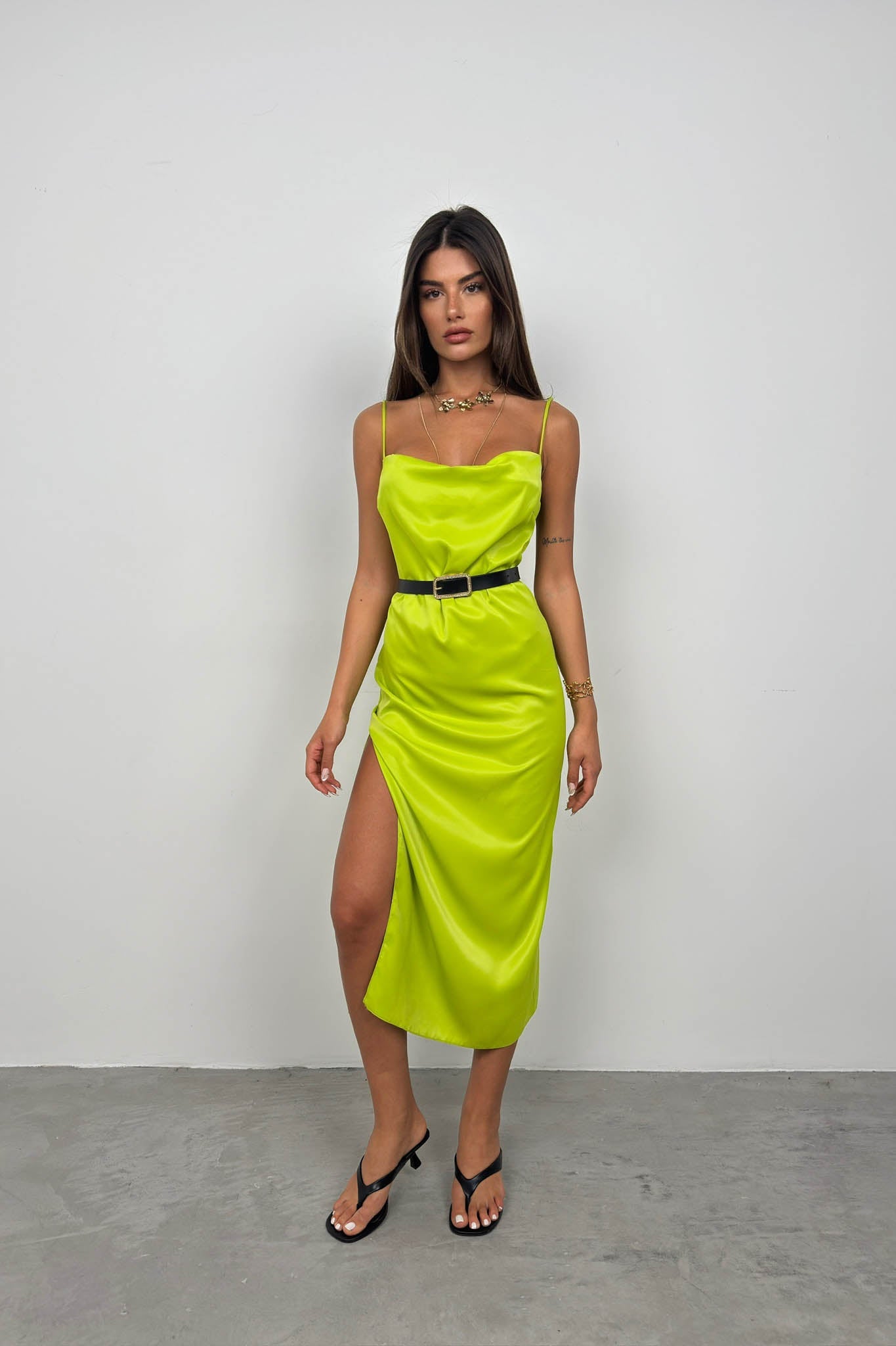 Thin Strap Satin Green Dress
