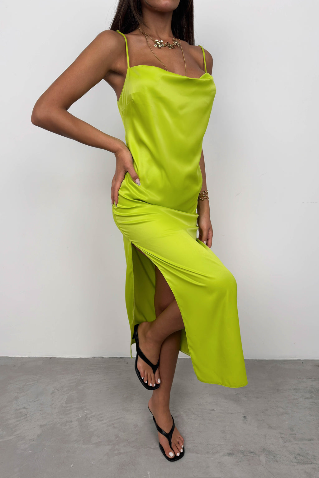 Thin Strap Satin Green Dress