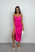 Thin Strap Satin Fuchsia Dress