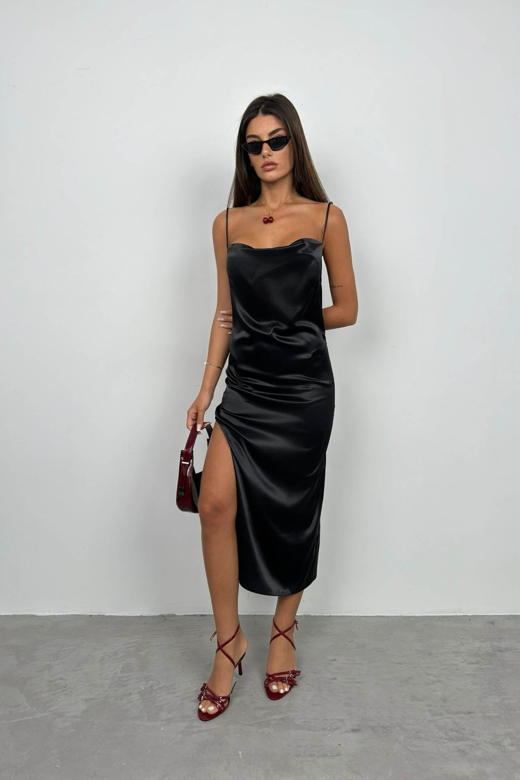 Thin Strap Satin Black Dress